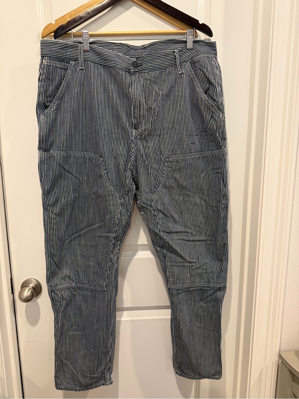 GAP Men's Blue Railroad Stripe Double Knee Carpenter Jeans